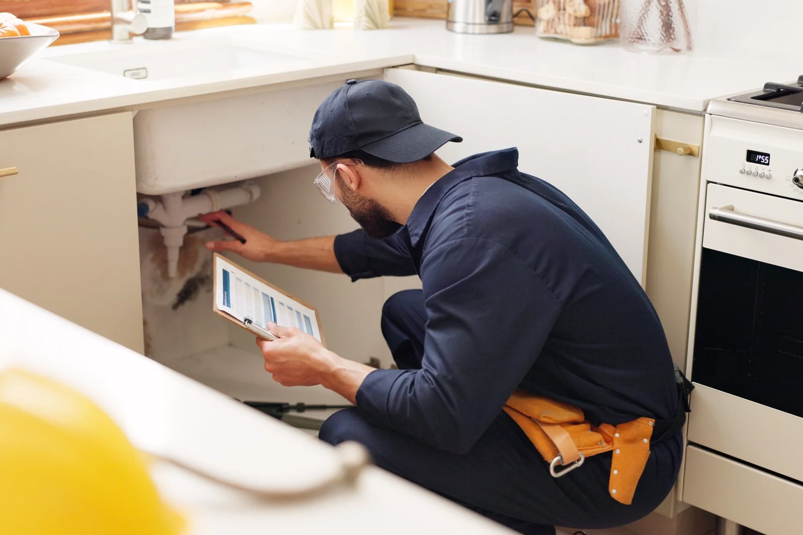 Inspecting and repairing a sink drain under a kitchen cabinet